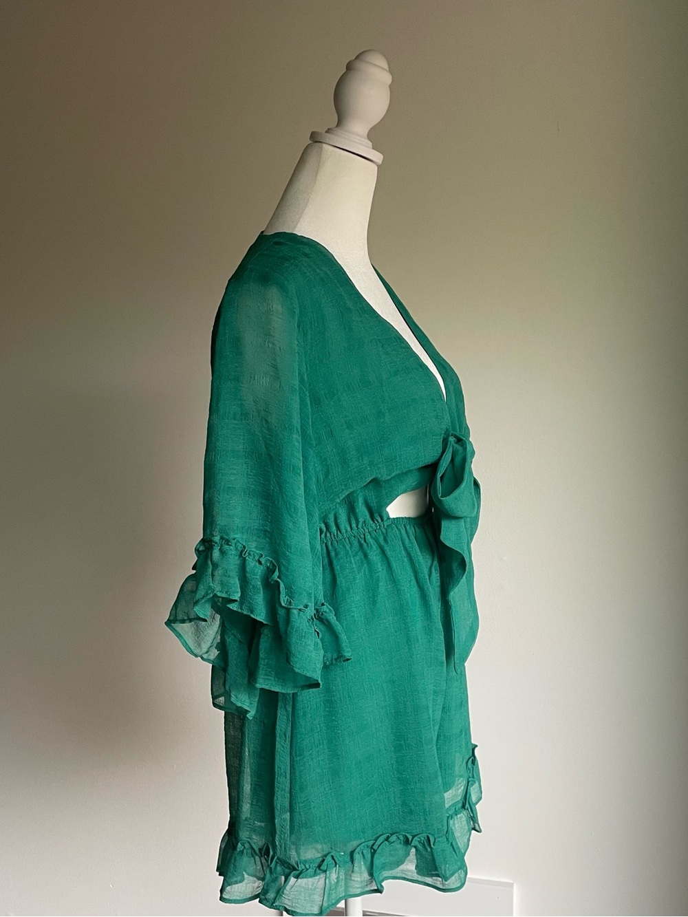 Chiffon Ruffle Romper with Cut Out Mi Ami Green Boho Chic Romantic Size M - Picture 5 of 15